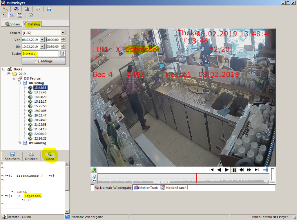 Kassendaten-Suche im Videobild bei VideoControl-NET